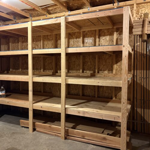 picture of wooden shelves in a garage